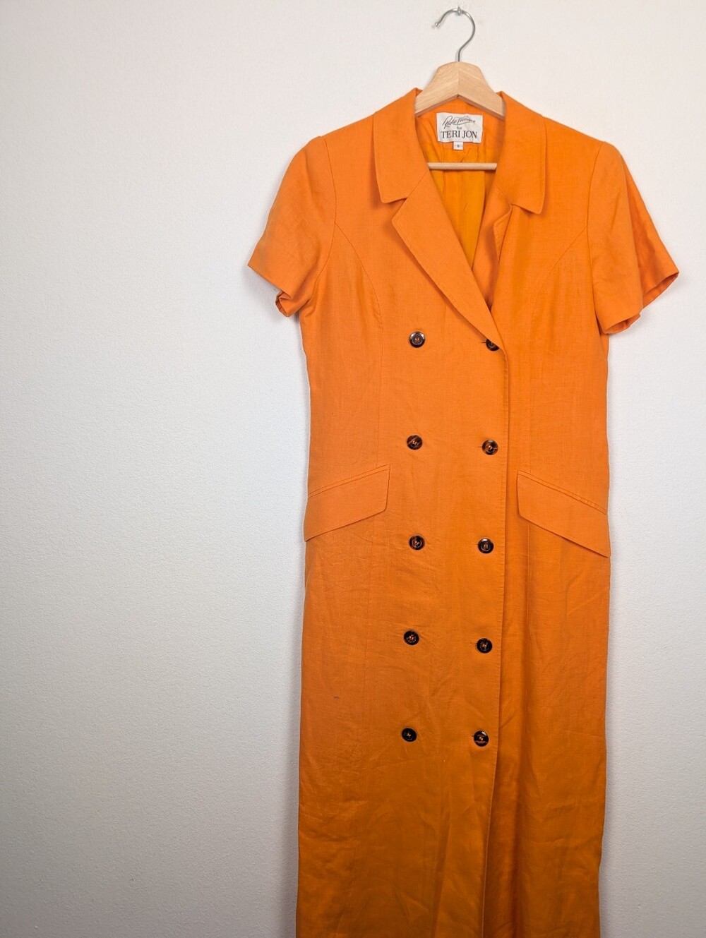Rickie Freeman for Teri Jon Orange Linen Double Breasted Midi Dress Size 8 - Picture 4 of 9